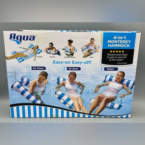 Aqua Inflatable 4 In 1 Monterey Hammock Pool Float, Blue & White Stripes NEW - Picture 2 of 5